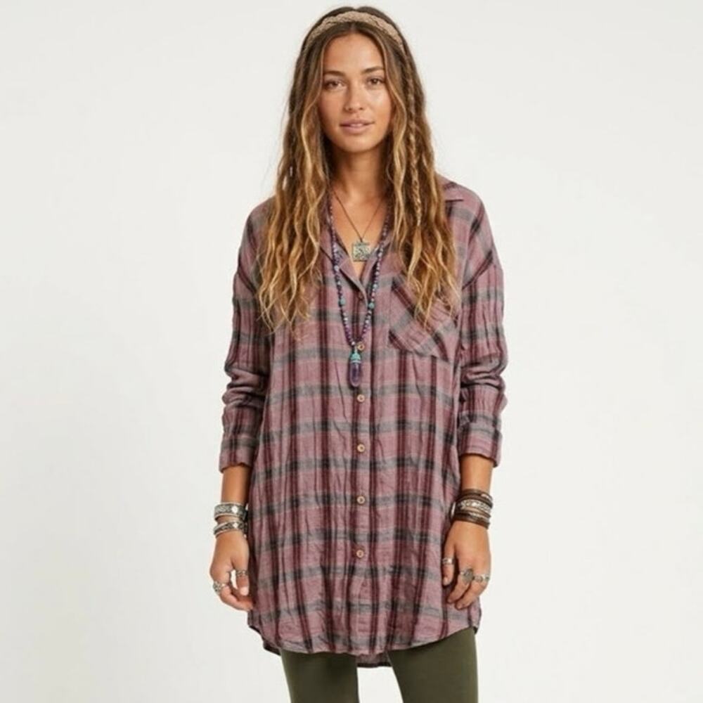 CUTLOOSE Women's XL Plaid Long Sleeve Shirtdress Maroon Burgundy Y2K Grunge